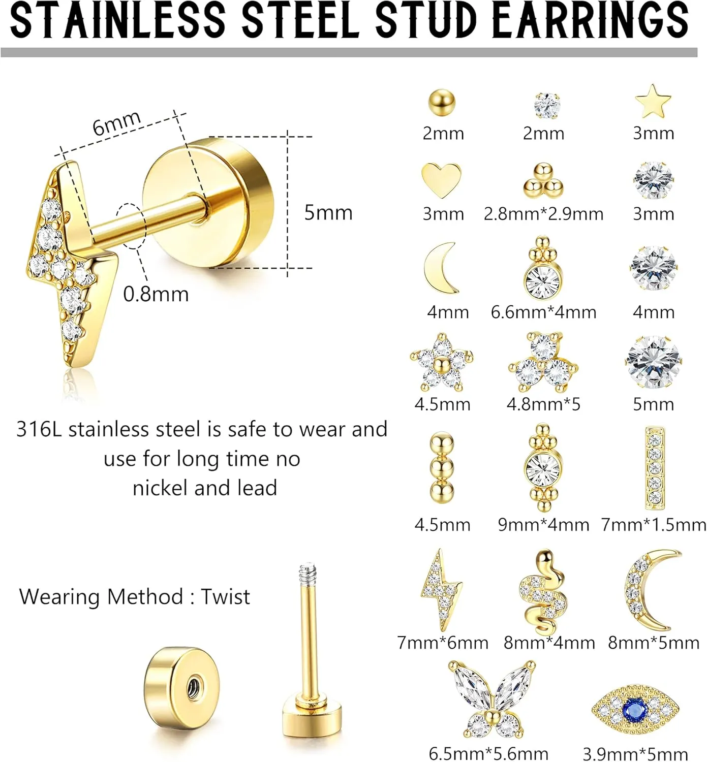 BESTEEL 20PCS Small Hypoallergenic Flat Back Stud Earrings - Silver & Gold Surgical Steel Cartilage Earrings - Tiny Ball Heart Star Set for Multiple Piercing 20G