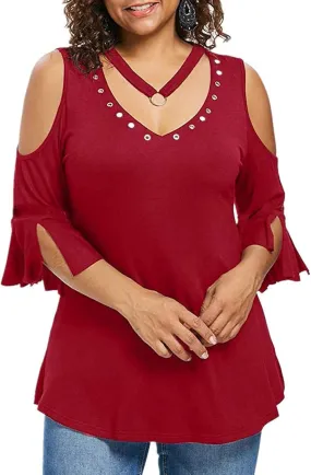 Binmer Womens Plus Size Cold Shoulder Tunic Tops Trendy Dressy Strappy V Neck Shirts Casual Loose Fit Solid 3/4 Sleeve Blouse
