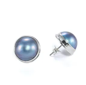 blue mabe pearl bezel set in handmade 925 sterling silver push back earrings, Genuine round 13 mm cultured grey mabe earrings
