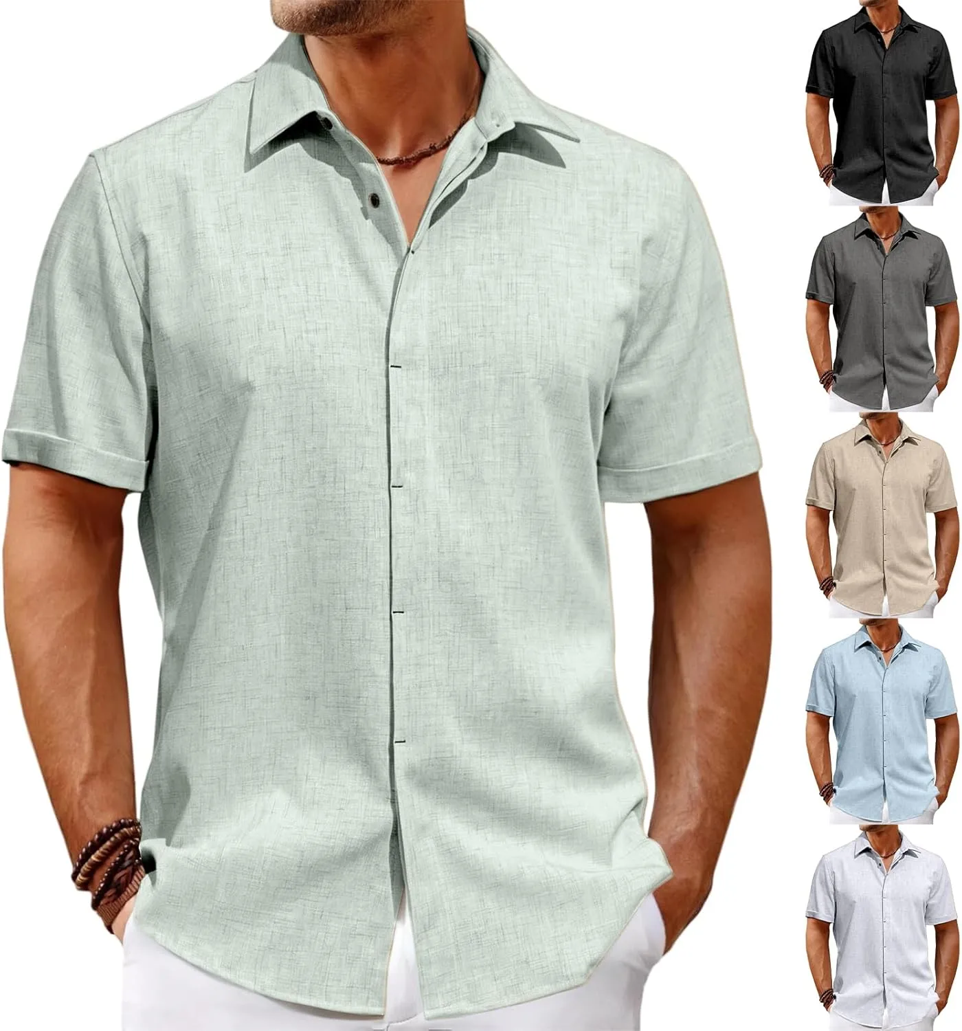 Button Down Shirt for Men Summer Linen Shirts Fashion Texture Short Sleeve Casual Shirts Beach Vacation Wedding Tops