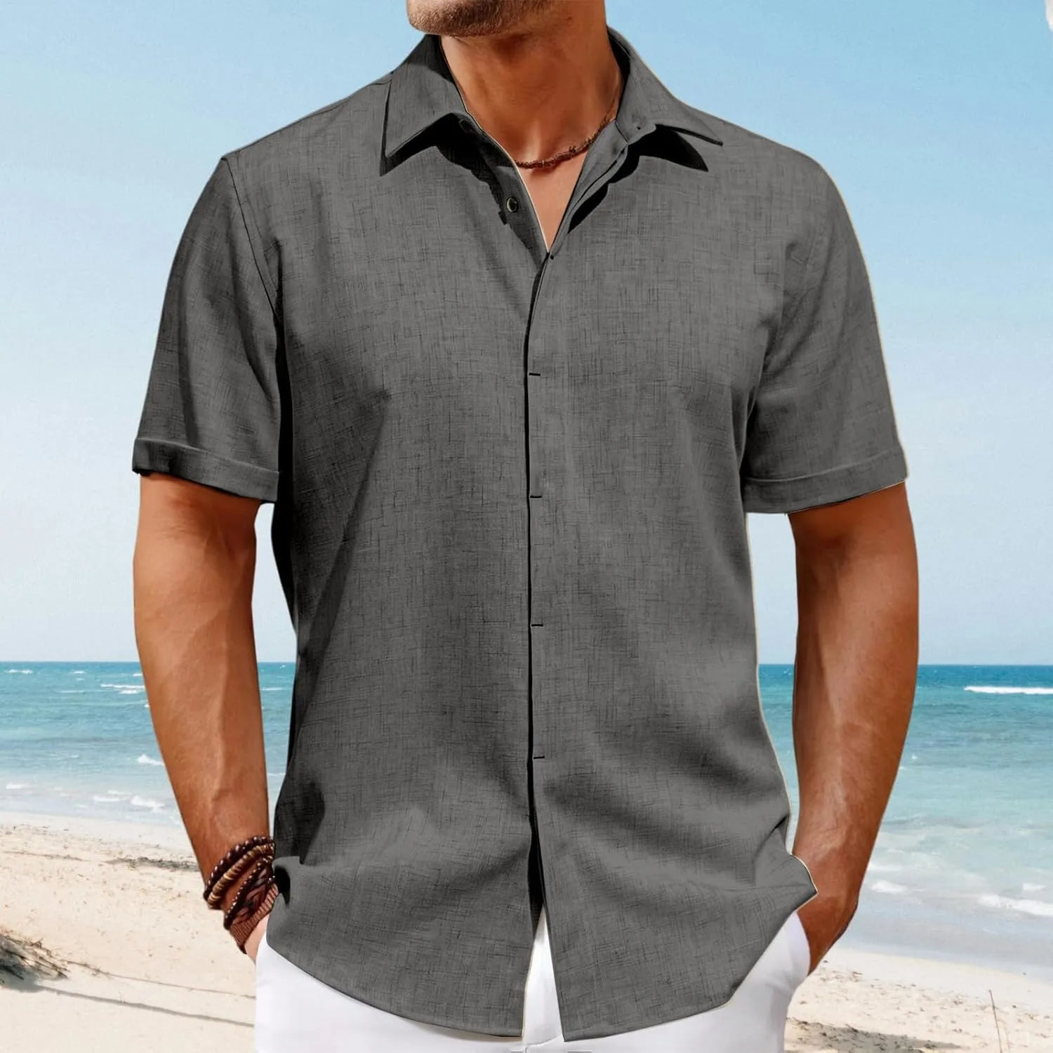 Button Down Shirt for Men Summer Linen Shirts Fashion Texture Short Sleeve Casual Shirts Beach Vacation Wedding Tops