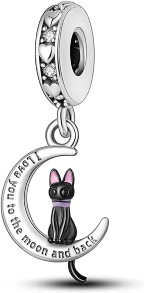 Cat I Love You To The Moon & Back Charm For Bracelet, Cat Charm, Sterling Silver Charm, Animal Charm