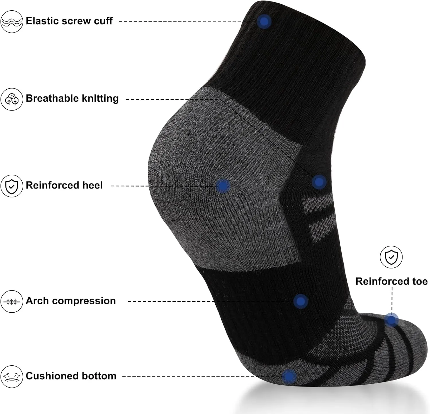 COOPLUS Mens Cushioned Ankle Socks Athletic Performance Quarter Socks Moisture Wicking Running Socks(8 Pairs)