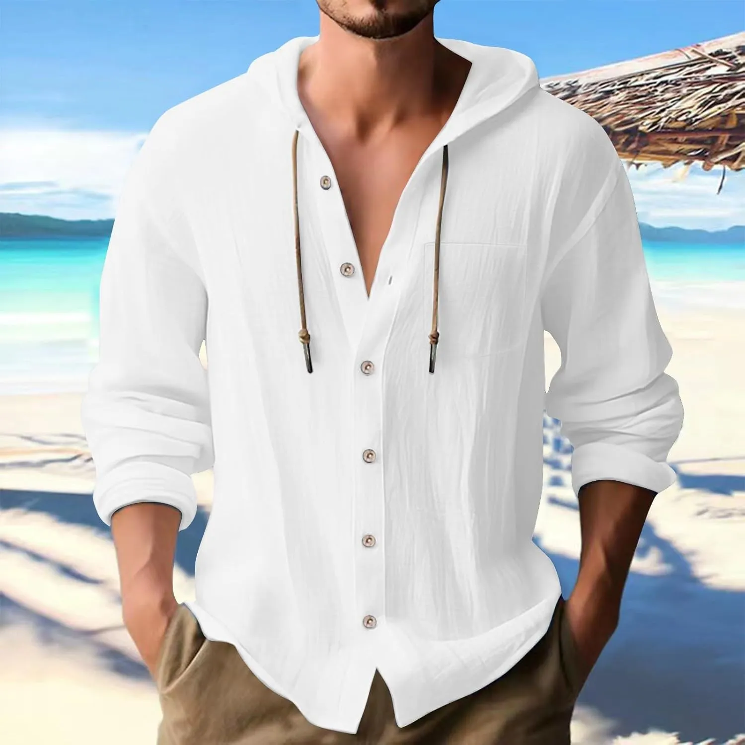 Cotton Linen Button Down Hoodies for Men Men's Long Sleeve Drawstring Shirts Mens Vacation Shirts Beach Casual