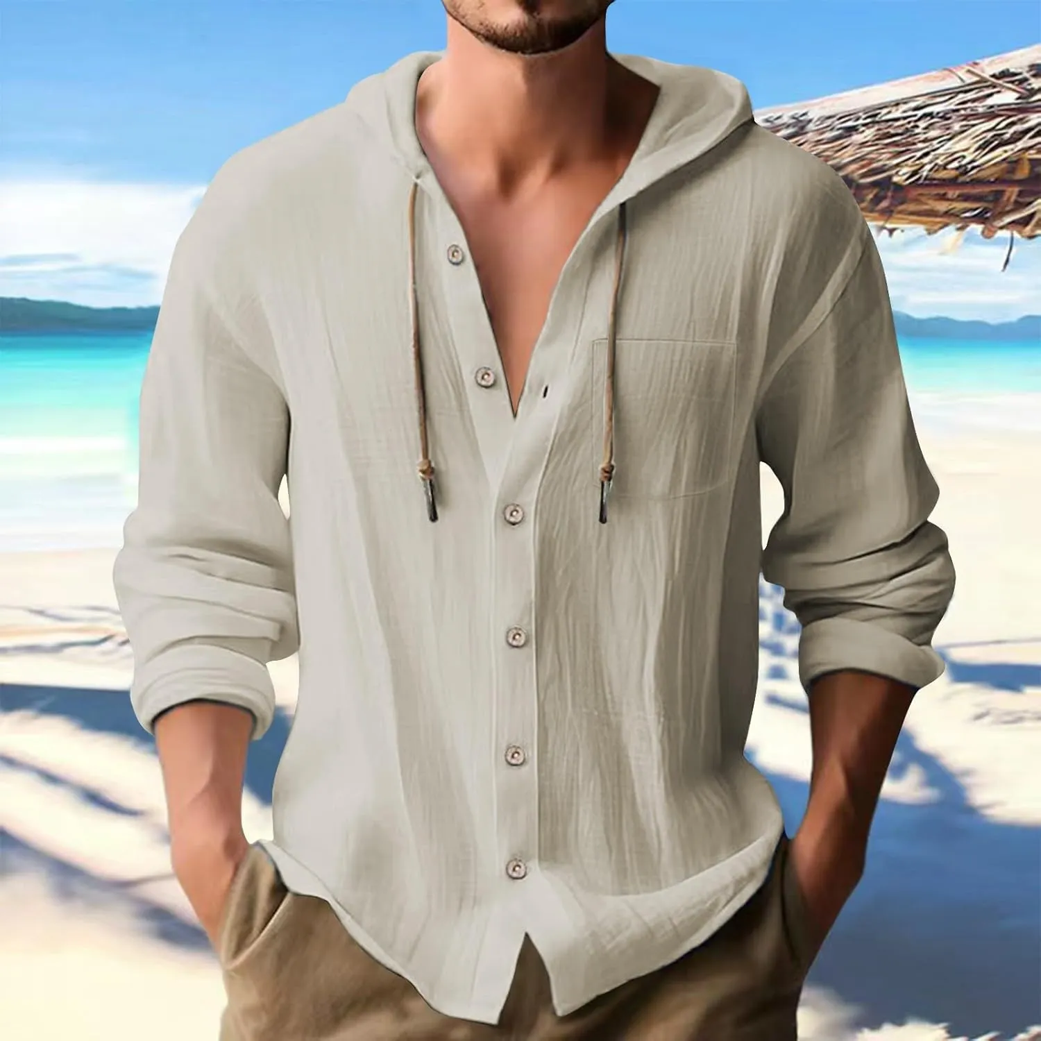 Cotton Linen Button Down Hoodies for Men Men's Long Sleeve Drawstring Shirts Mens Vacation Shirts Beach Casual