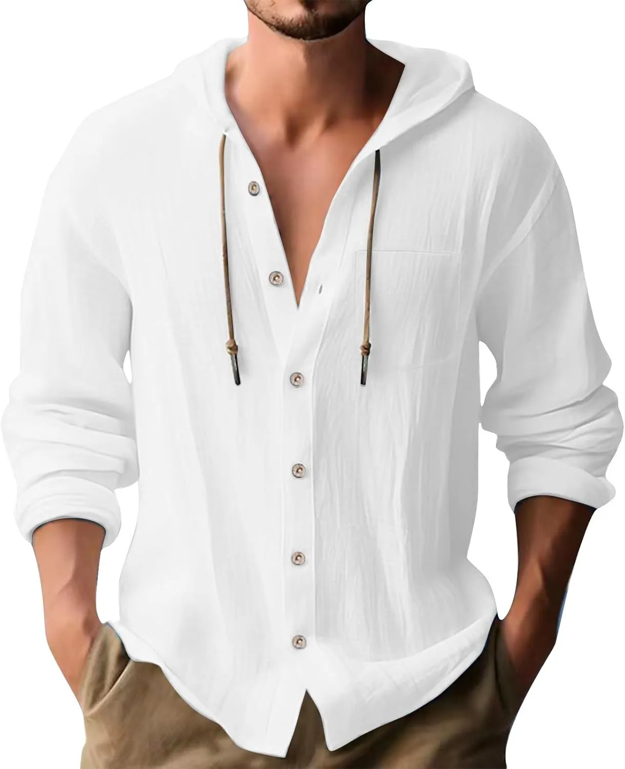 Cotton Linen Button Down Hoodies for Men Men's Long Sleeve Drawstring Shirts Mens Vacation Shirts Beach Casual
