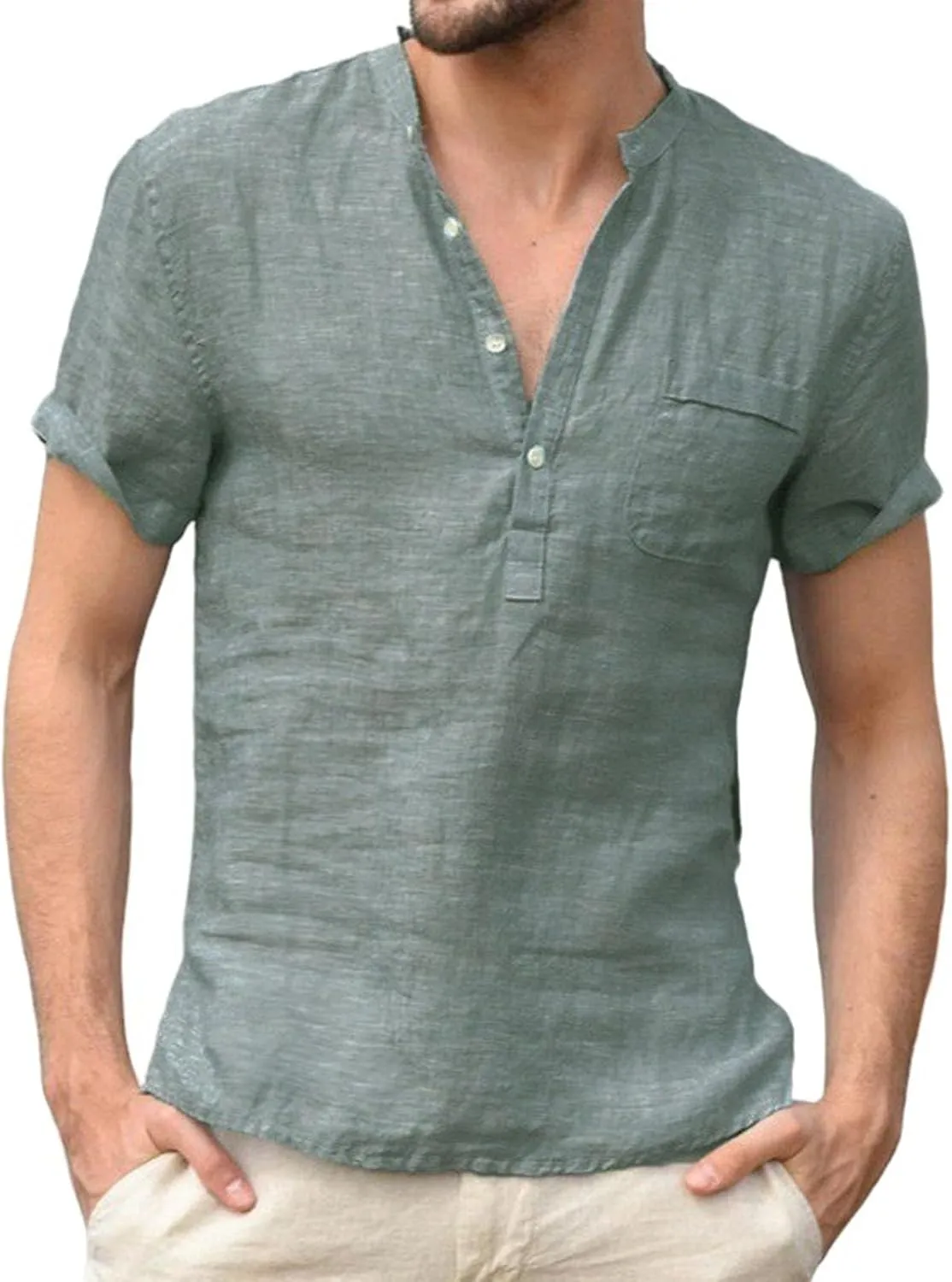 Cotton Linen Short Sleeve Shirts for Men Vintage Lightweight Button Up Hawaiian Beach T-Shirts Casual Pullover Tees