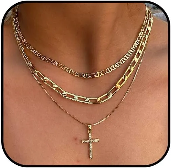 Cross Pendant Necklace for Women Exquisite Layered Paper Clip Cuban Chain Necklace Zircon Cross Pendant Layered Thin Chain Circular Pendant Trend 14K Gold Multi Layered Necklace for Women