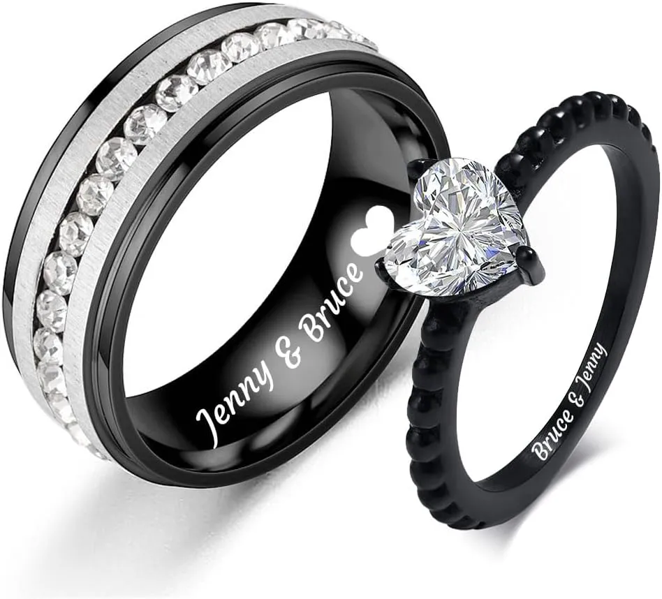 Custom Engraved Rings for Couples Rings Set Promise Rings Black His Hers Wedding Ring Sets Couples Matching Engagement Rings Set for Him and Her Men's Eternity Titanium Ring,Size 5-13