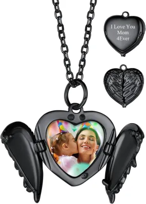 Custom4U Angel Wing Locket Necklace That Holds Picture for Women,Gold/Rose Gold/Black 925 Sterling Silver Heart Lockets with Chain 16"/18"/22",Personalized Memorial Jewelry Gifts for Mom (Gift Box)