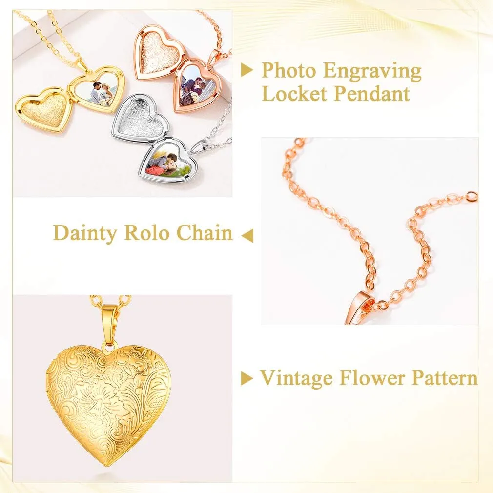 Custom4U Personalized Heart Locket Necklace with Pictures,Sunflower/Angel Wings/Heart Shaped Lockets Custom Photo,Gold/Rose Gold/White Lockets That Holds Picture,Customized Memorial Jewelry for Women