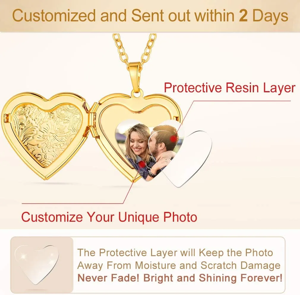 Custom4U Personalized Heart Locket Necklace with Pictures,Sunflower/Angel Wings/Heart Shaped Lockets Custom Photo,Gold/Rose Gold/White Lockets That Holds Picture,Customized Memorial Jewelry for Women