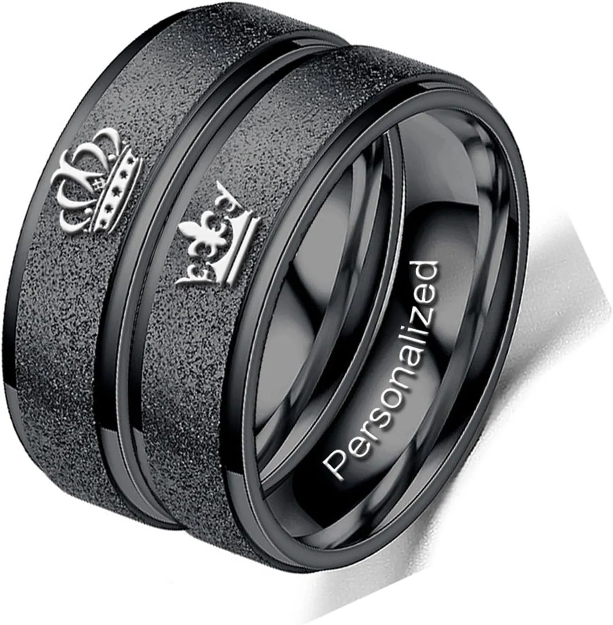 Customize Frosted Crown Couple Rings Matching Promise Ring Her King His Queen Engraved Matte Engagement Wedding Bands Anniversary Titanium Steel Black 6mm Personalized