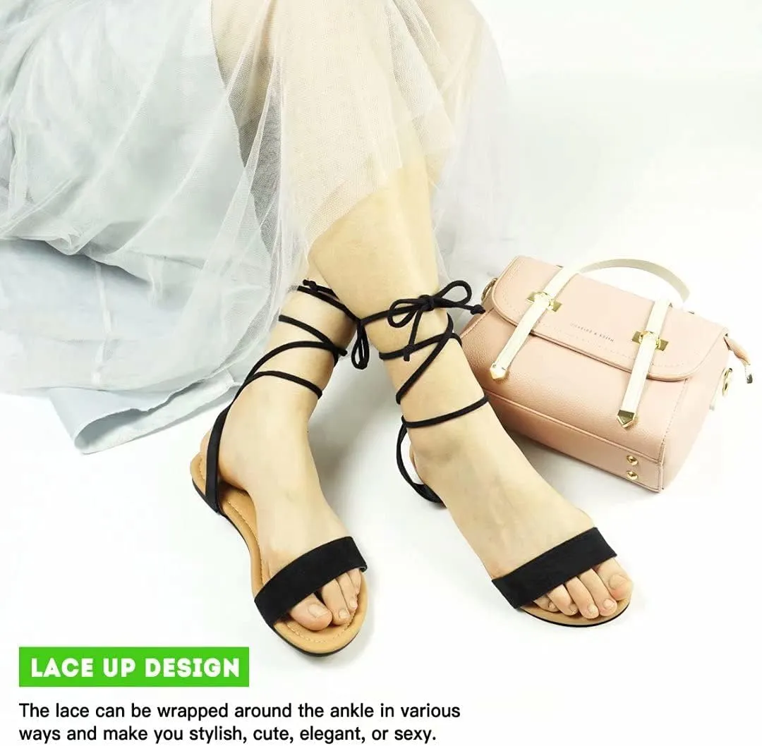 DAYDAYGO Sandals for Women - Womens Comfortable Open Toe Ankle Wrap Lace Up Flat Sandals - Womens Sandal Ankle Tie Up Shoes
