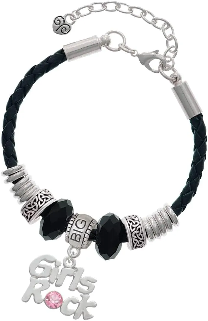 Delight Jewelry Silvertone Girls Rock with Light Pink Crystal - Big Sister Celtic Knot Leather Bead Bracelet, 7" 2" Extender