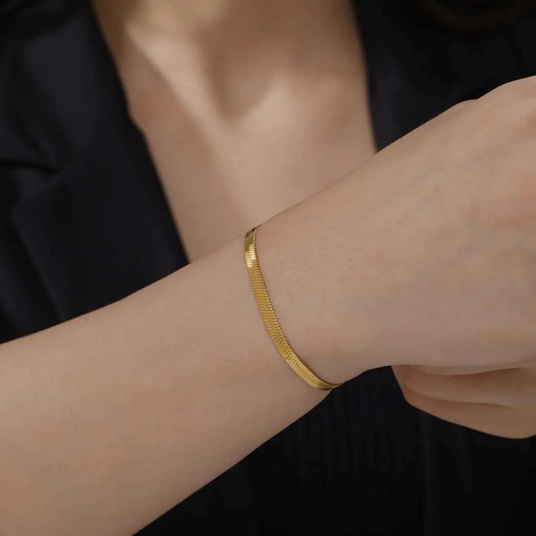 EUEAVAN Minimalist Snake Bone Chain Bracelet Flat Bracelet Gold Anklet Herringbone Link Chain Bangle Gifts Jewelry Gifts Men Women Adjustable