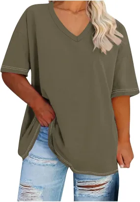 Fashion Womens Oversized Shirts Solid Color Casual V-Neck Tee Tops Classic Short Sleeve Shirts Loose Comfy T-Shirts