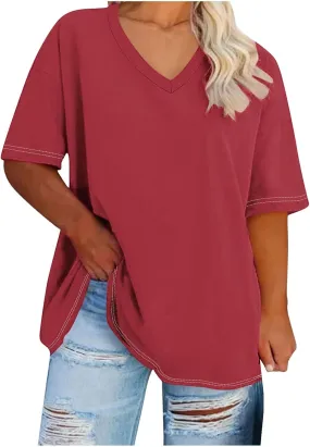 Fashion Womens Oversized Shirts Solid Color Casual V-Neck Tee Tops Classic Short Sleeve Shirts Loose Comfy T-Shirts