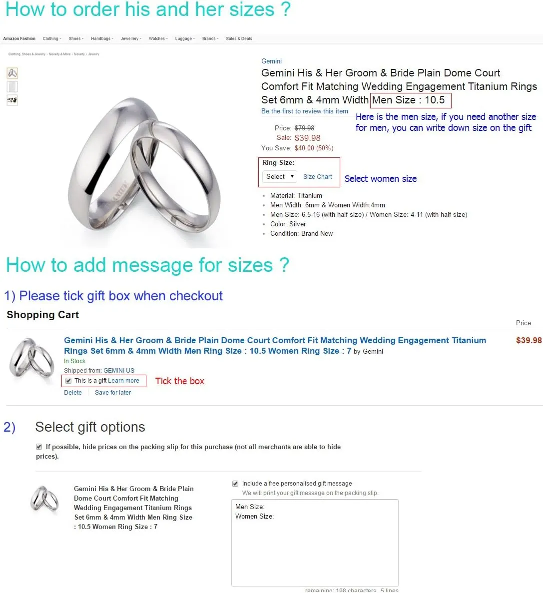 Gemini His Her Matching 18K Gold Fill Anniversary Wedding Titanium Rings Set, 6&4mm Men Sz 16 Valentine