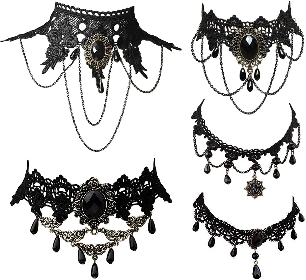 Ghloyza Halloween Choker Gothic Black Lace Necklaces Statement Choker Necklace Halloween Cosplay Party 5PCS Elegant Sexy Retro Necklace for Women (5PCs)