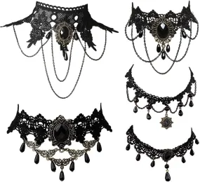 Ghloyza Halloween Choker Gothic Black Lace Necklaces Statement Choker Necklace Halloween Cosplay Party 5PCS Elegant Sexy Retro Necklace for Women (5PCs)