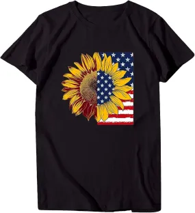 Girls USA Shirt O Neck Short Sleeve Sunflower Patriotic Graphic Fourth July Blouse Oversized Loose Casual Summer Tops