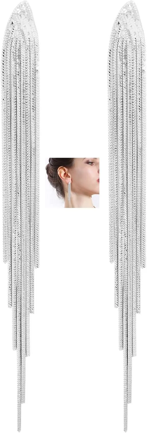 Gold/Silver Long Tassel Dangle Drop Earrings for Woman,Prom Party Sexy Earrings Wedding Bridesmaid Jewelry
