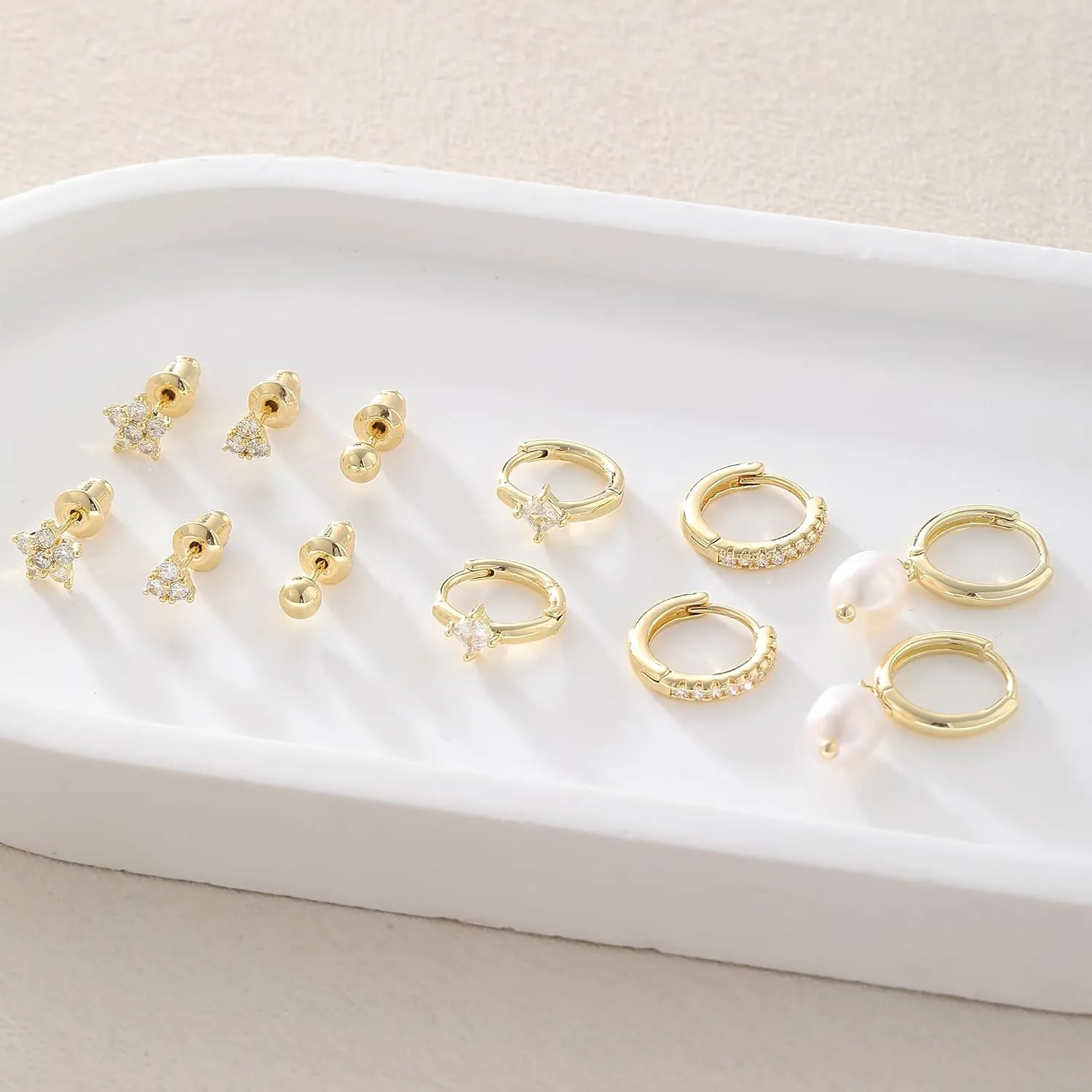 Gold/Silver Small Hoop Earrings Set for Women,14K Gold/Silver Plated Hypoallergenic Small Chunky Huggie Double Hoop Earrings For Women,Stud Earrings,Gold Pearl Dangle Hoop Earrings Set Jewelry For Gifts