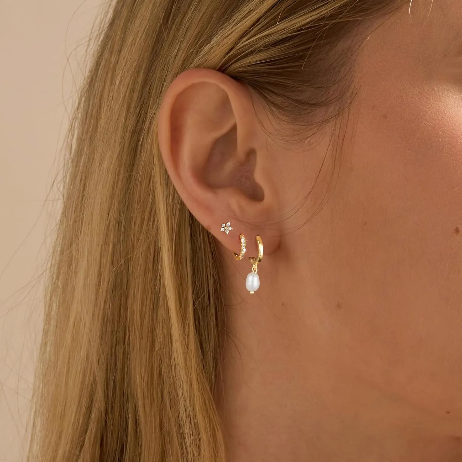 Gold/Silver Small Hoop Earrings Set for Women,14K Gold/Silver Plated Hypoallergenic Small Chunky Huggie Double Hoop Earrings For Women,Stud Earrings,Gold Pearl Dangle Hoop Earrings Set Jewelry For Gifts