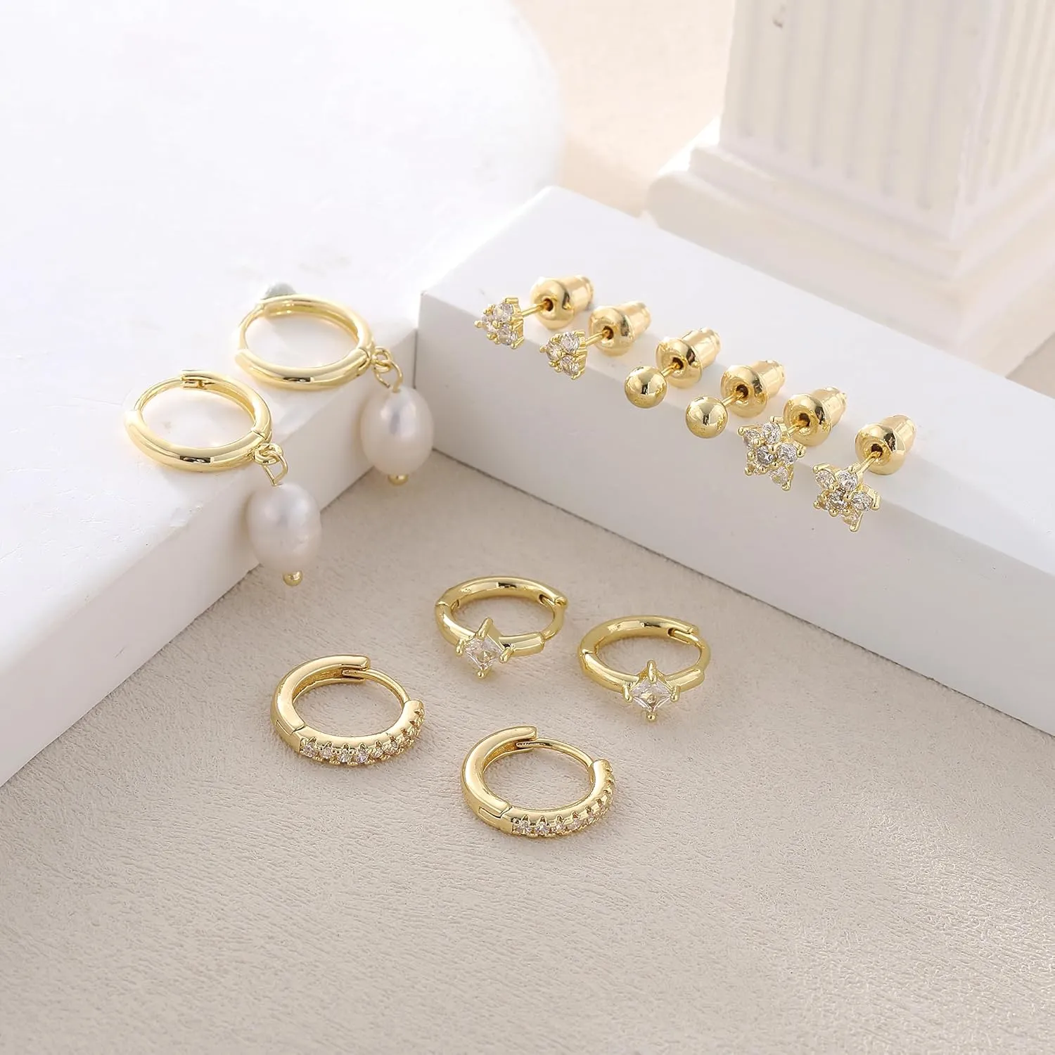 Gold/Silver Small Hoop Earrings Set for Women,14K Gold/Silver Plated Hypoallergenic Small Chunky Huggie Double Hoop Earrings For Women,Stud Earrings,Gold Pearl Dangle Hoop Earrings Set Jewelry For Gifts
