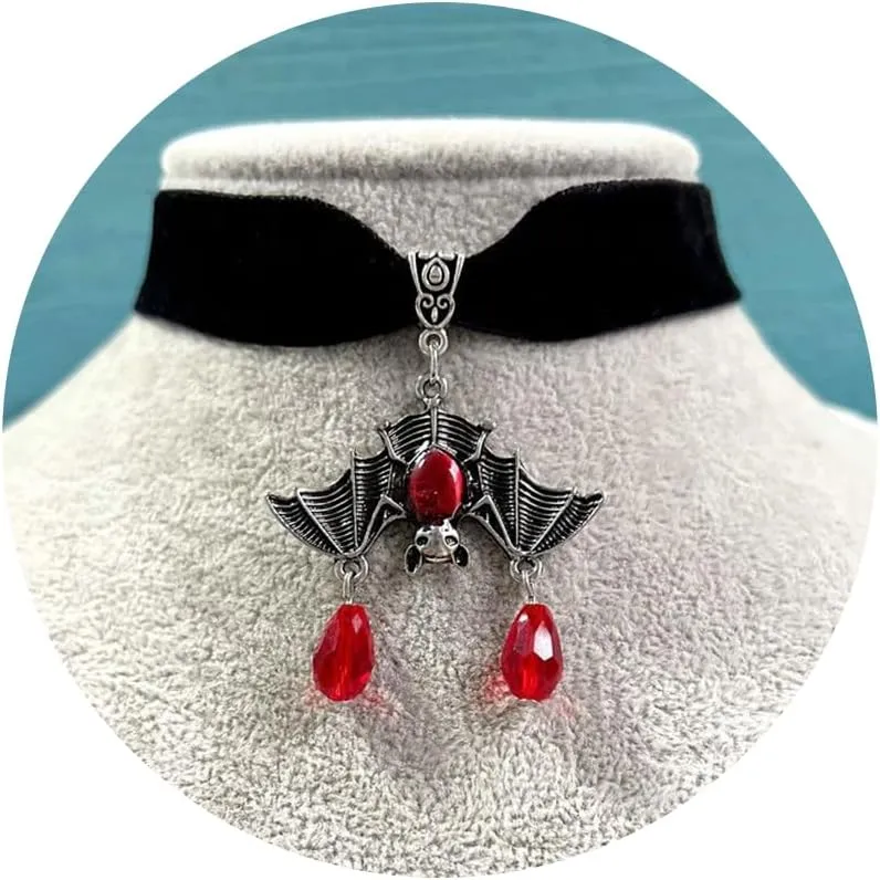 Halloween Bat Necklace for Women Gothic Bat Choker Red Crystal Bat Pendant Necklace Vampire Necklace Black Velvet Collar Batgirl Costume Adult Women Vampire Costume Accessories