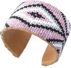 Handmade Beaded Indian Fashion Jewelery Cuff Bracelet,Seed Beaded Pink Black,Native American Style Leather Cuff Bracelet Unisex.