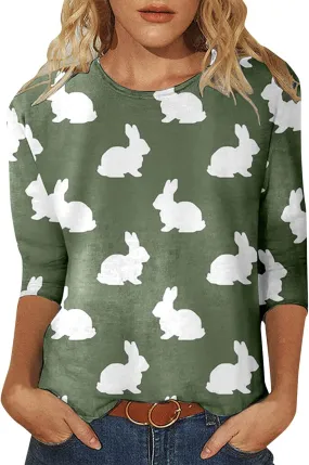 Happy Easter Day Shirts Tops for Women Bunny Eggs Graphic 3/4 Sleeve Workout Christian Tee Shirts Y2K Spring Casual Blouses