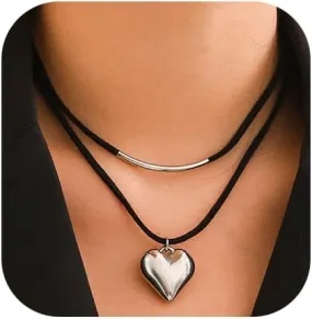 Heart Necklace for Women Gold Silver Puffy Heart Pendant Choker Layered Boho Necklace Jewelry