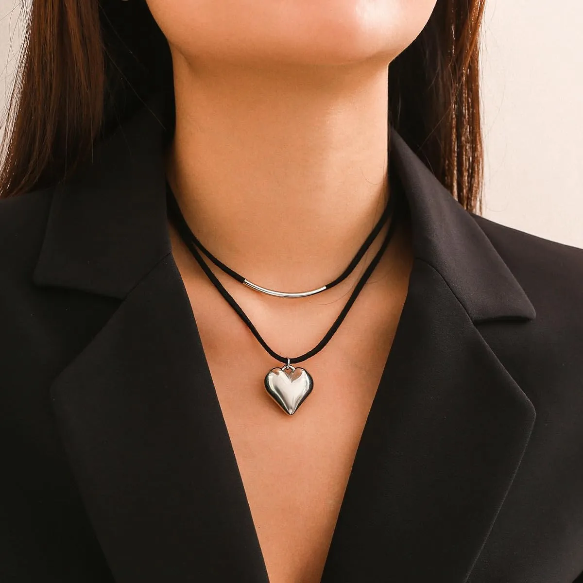 Heart Necklace for Women Gold Silver Puffy Heart Pendant Choker Layered Boho Necklace Jewelry