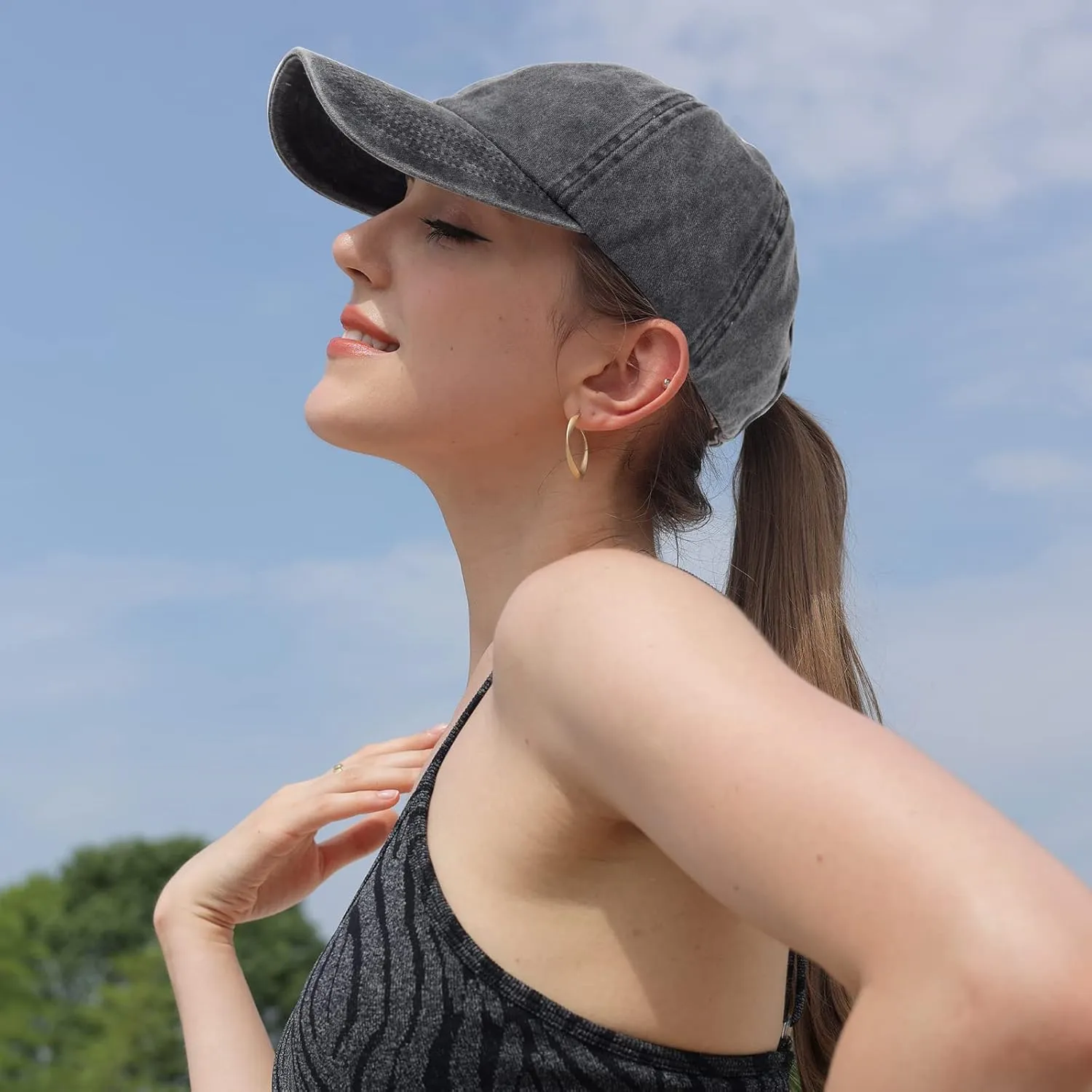 HH HOFNEN Ponytail Hats Womens Washed Distressed Baseball Cap High Ponycaps Cotton Dad Hat with Ponytail Hole