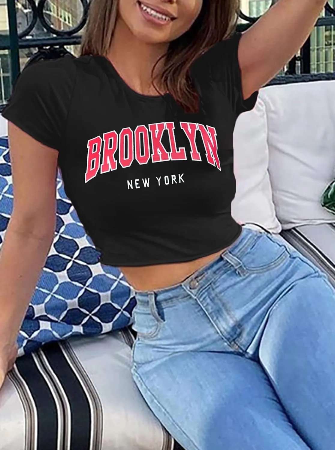 Hilinker Womens Short Sleeve Graphic Crop Tops Vintage Tees Summer Cute T Shirts