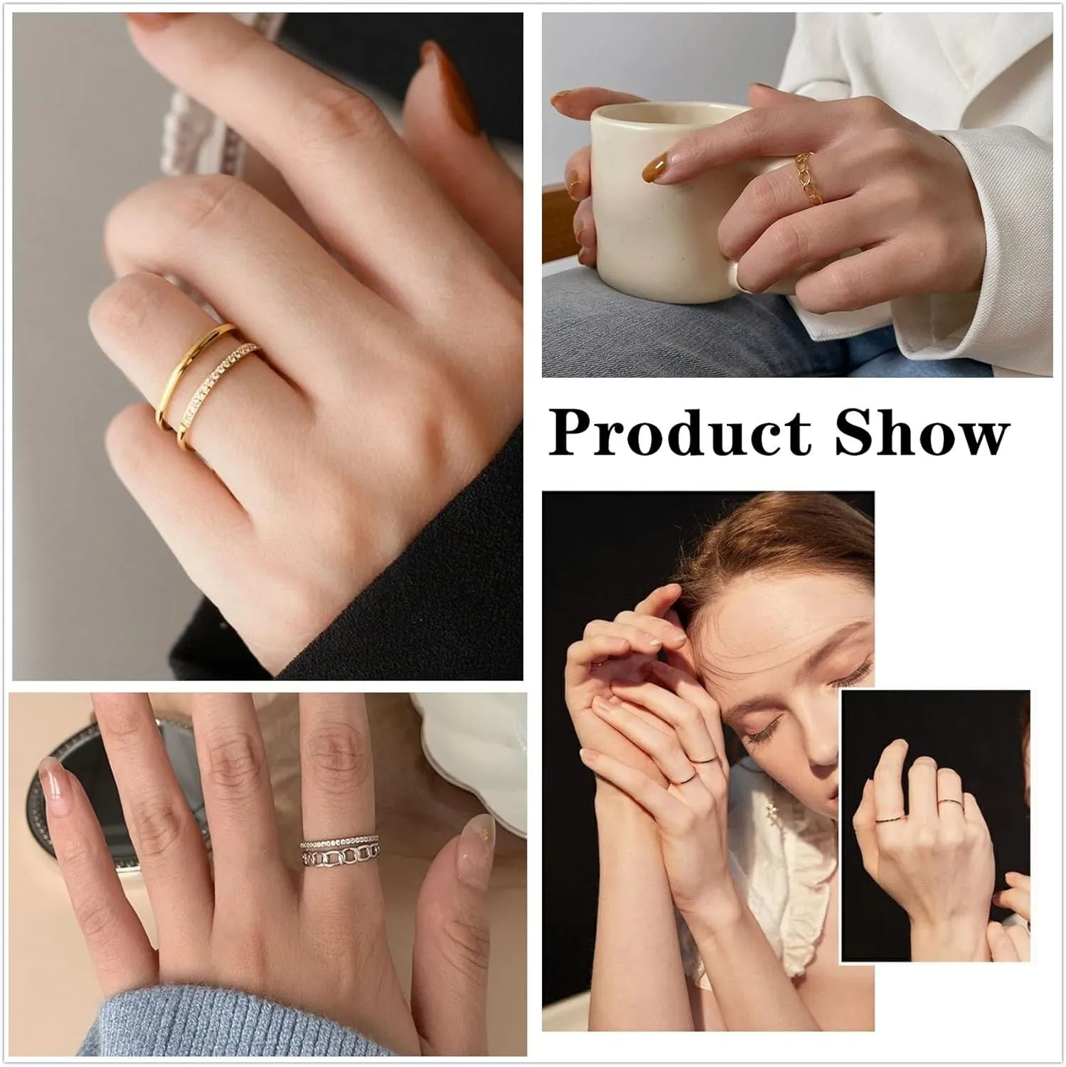 Honsny 14K Gold Plated Stacking Rings Set for Women, Stackable Knuckle Thumb Rings Thin Dainty Silver Rings for Women Wedding Eternity Band Simple Rose Gold Ring Size 4-11