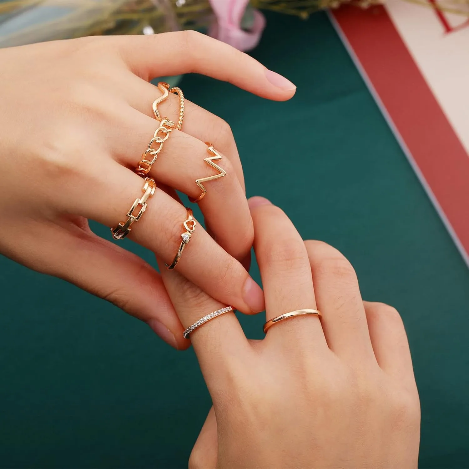 Honsny 14K Gold Plated Stacking Rings Set for Women, Stackable Knuckle Thumb Rings Thin Dainty Silver Rings for Women Wedding Eternity Band Simple Rose Gold Ring Size 4-11