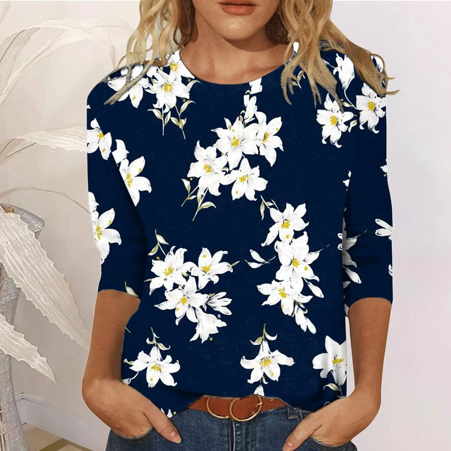 HTHLVMD Womens 3/4 Length Sleeve Tops 2025 Spring Summer Floral Print Crewneck Causal Trendy Tunic Tops for Women