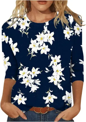 HTHLVMD Womens 3/4 Length Sleeve Tops 2025 Spring Summer Floral Print Crewneck Causal Trendy Tunic Tops for Women