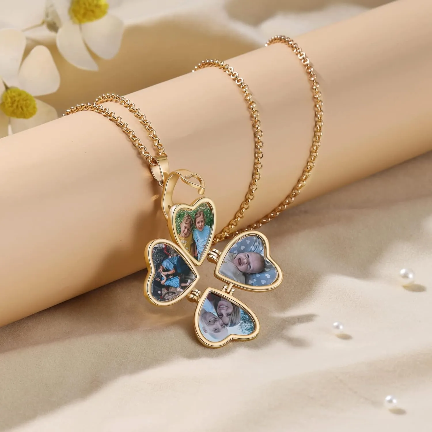Jewelstruck Updated Personalized Heart Locket Necklace, Gold Locket with Picture Custom for Women Mom Daughter Lucky Four Leaf Pendant Charms Vintage Gifts for Mom Wife Her Birthday Christmas