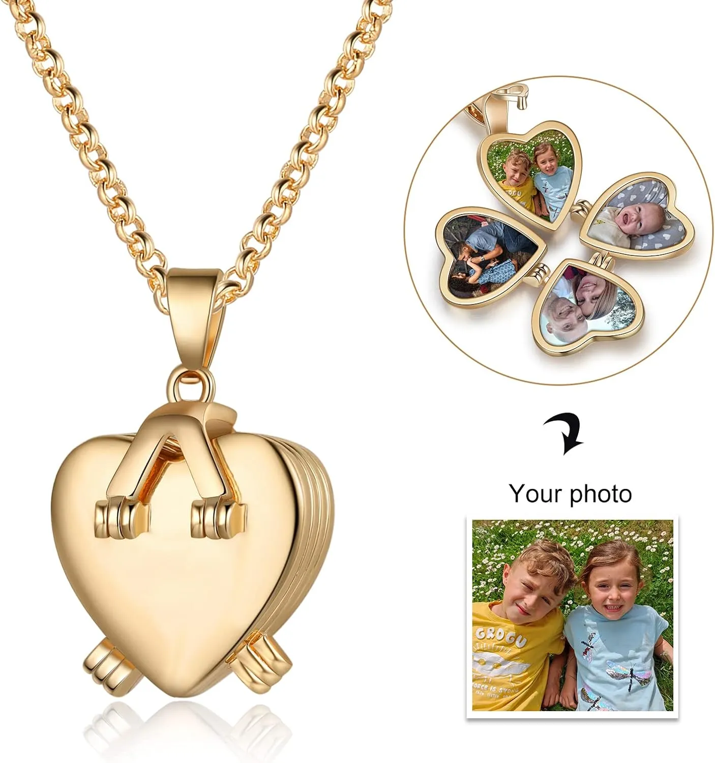 Jewelstruck Updated Personalized Heart Locket Necklace, Gold Locket with Picture Custom for Women Mom Daughter Lucky Four Leaf Pendant Charms Vintage Gifts for Mom Wife Her Birthday Christmas