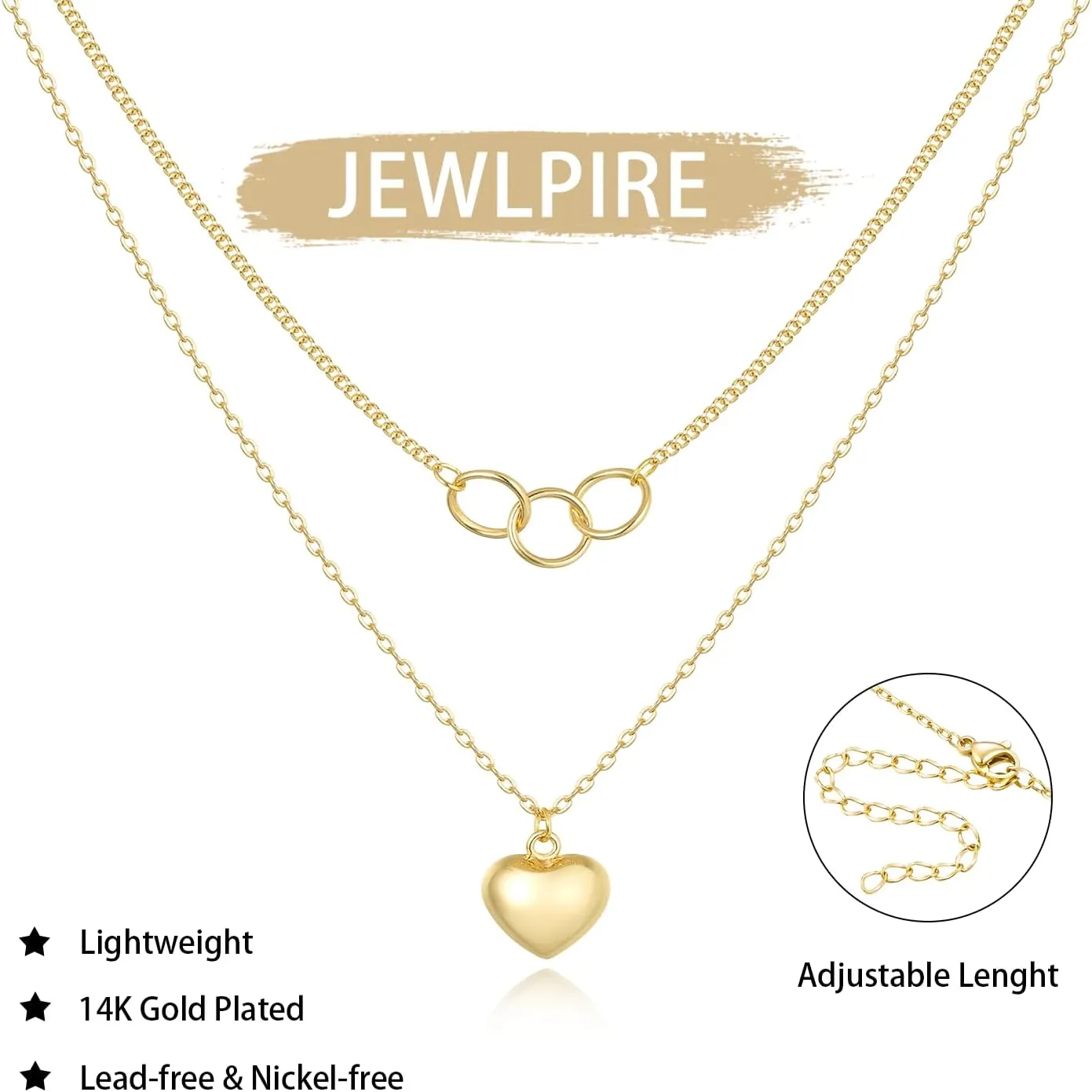Jewlpire 14K Plated Gold Layered Necklaces for Women, Dainty Gold Herringbone Necklace with Paperclip Chain
