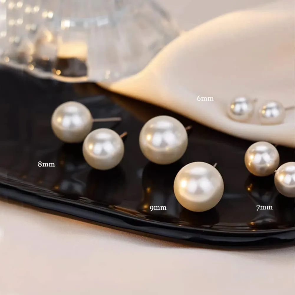 Jiamiaoi 925 Sterling Silver White Pearl Stud Earrings Simple Pearl Earrings Culture Pearl Studs Set 6MM-9MM, Round Pearl Earring Sterling Silver Pearl Earrings for Sensitive Ears