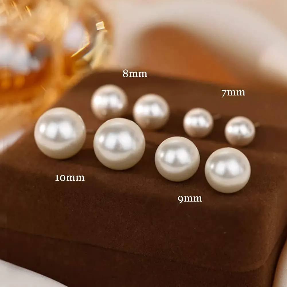 Jiamiaoi 925 Sterling Silver White Pearl Stud Earrings Simple Pearl Earrings Culture Pearl Studs Set 6MM-9MM, Round Pearl Earring Sterling Silver Pearl Earrings for Sensitive Ears