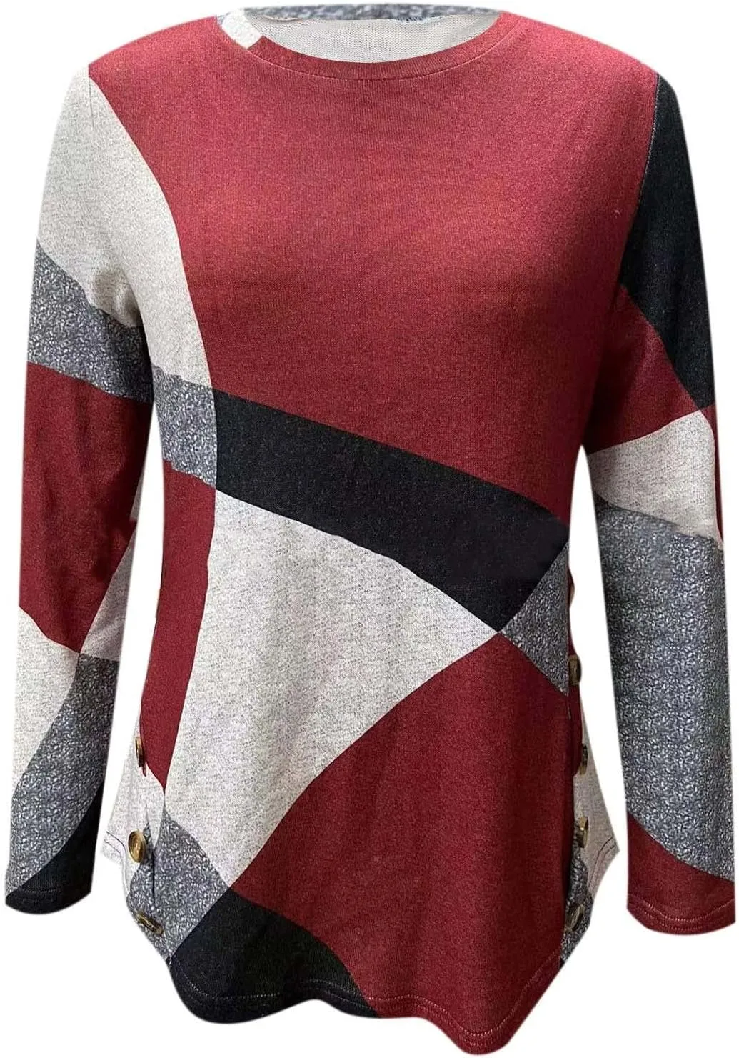 Kuluzego Womens Crew Neck Flannel T Shirts Tops Tee for Women Color Block Geometry Winter Fall Tee Shirt 2023 DX