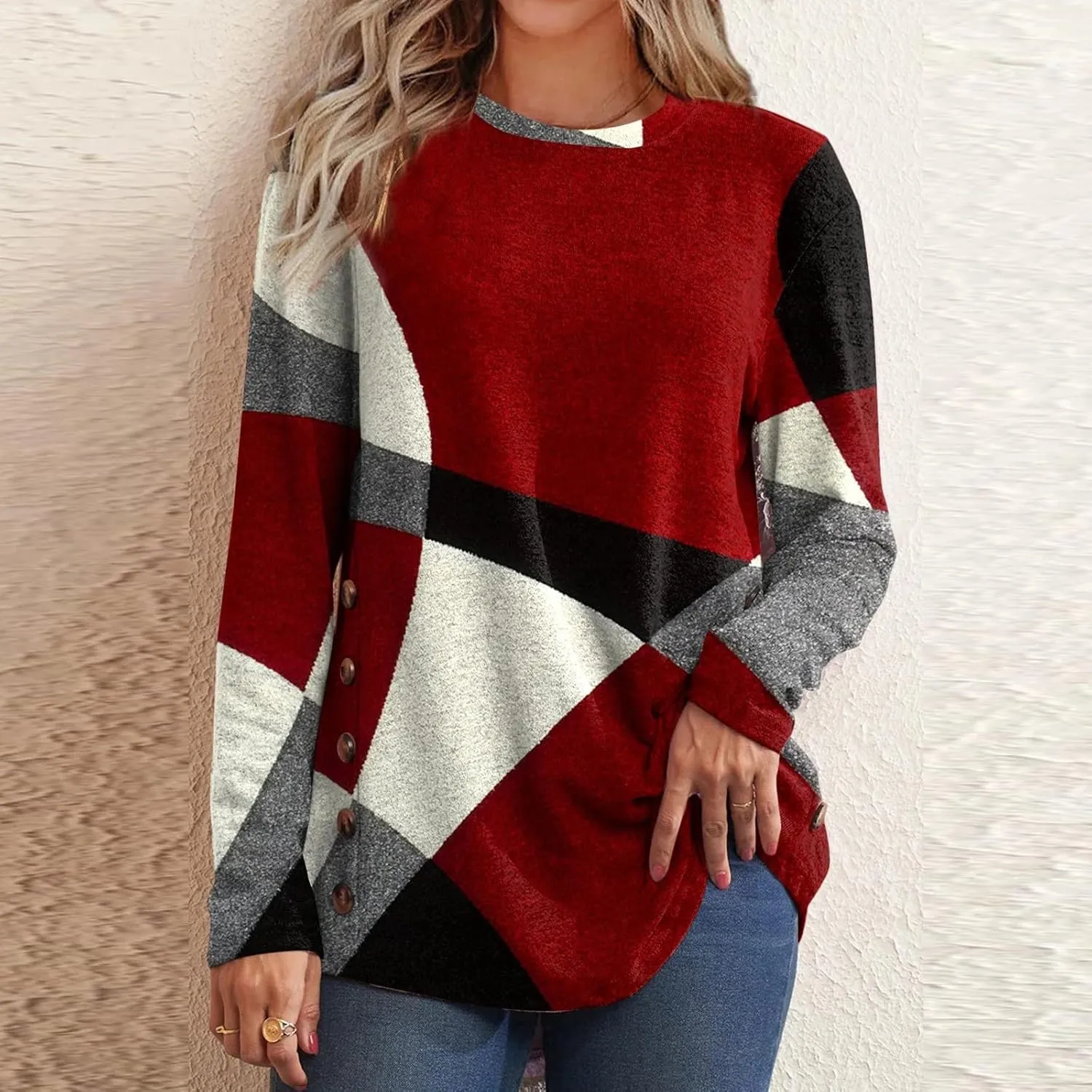 Kuluzego Womens Crew Neck Flannel T Shirts Tops Tee for Women Color Block Geometry Winter Fall Tee Shirt 2023 DX