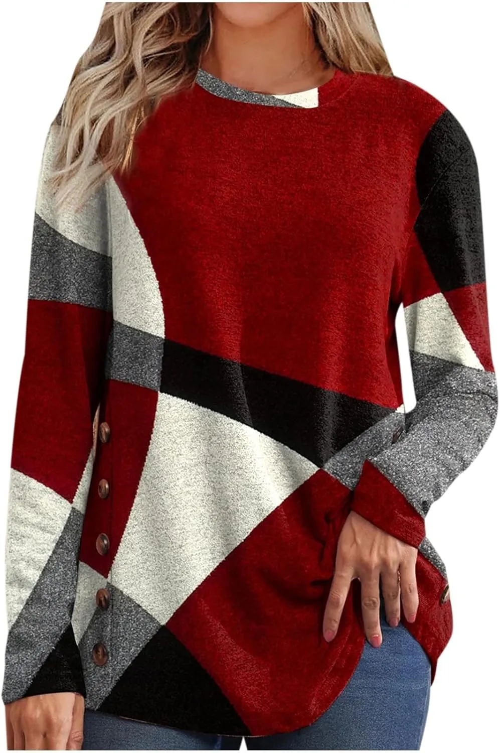 Kuluzego Womens Crew Neck Flannel T Shirts Tops Tee for Women Color Block Geometry Winter Fall Tee Shirt 2023 DX
