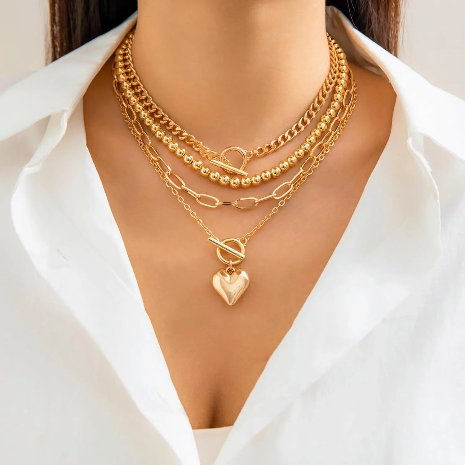 Layered Choker Necklace for Women Heart Pendant Stack Layered Cuban Paperclip Snake Chain Necklaces Trendy Retro Coin Dainty Pendant Gothic Black Necklaces Toggle Clasp Necklace for 4Pcs